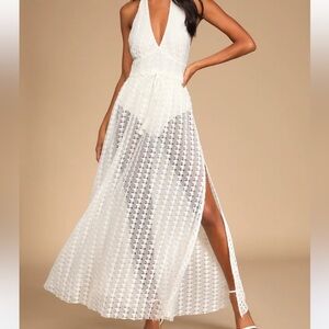 Lulu’s Destination Summer Ivory Crochet Halter Maxi Bodysuit Dress Medium